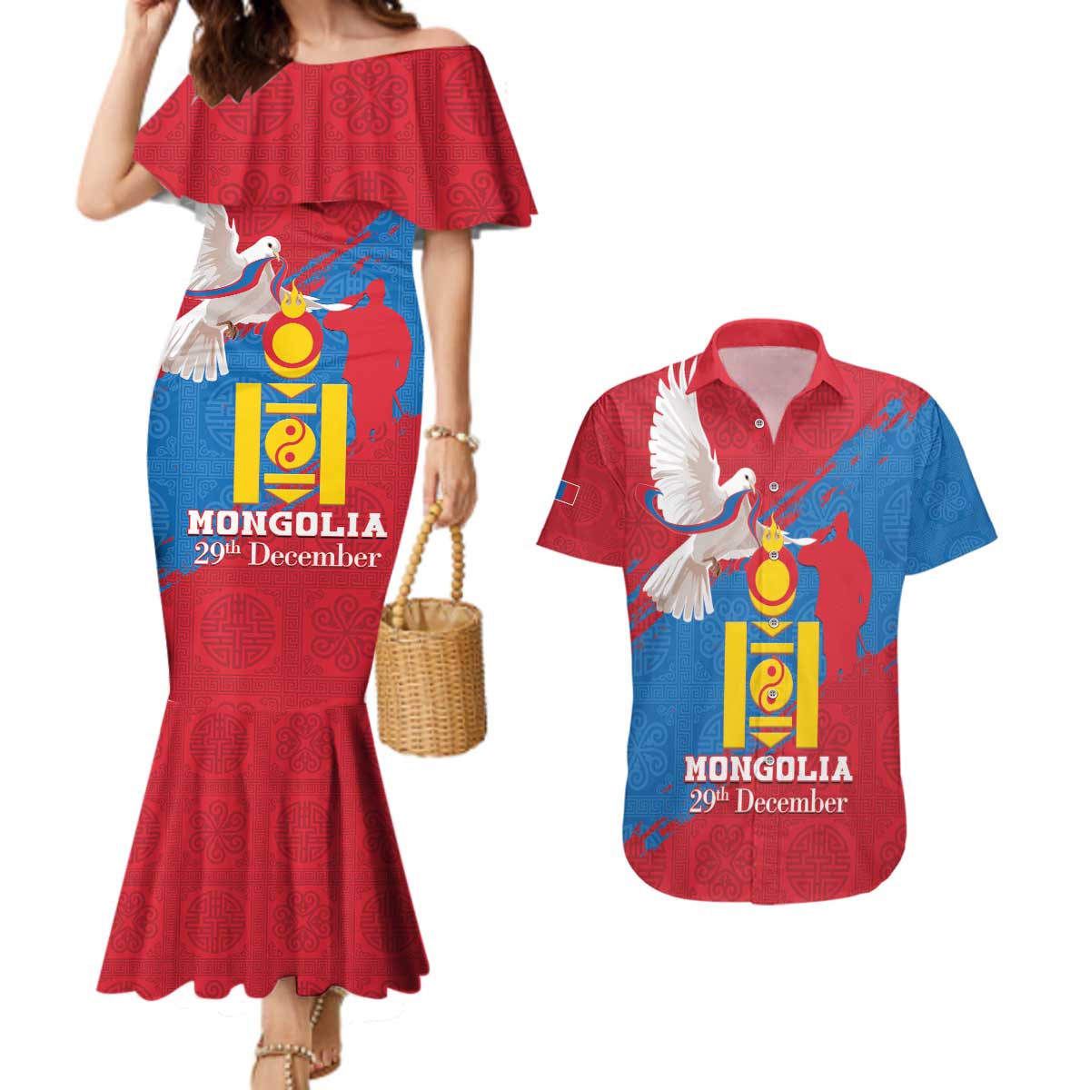 Personalised Mongolia Independence Day Couples Matching Mermaid Dress and Hawaiian Shirt Coat Of Arms - Mongolia Folk Pattern - Wonder Print Shop