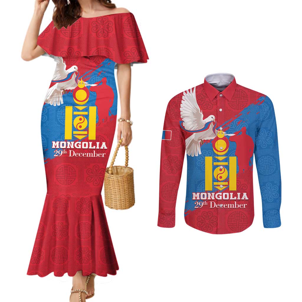 Personalised Mongolia Independence Day Couples Matching Mermaid Dress and Long Sleeve Button Shirt Coat Of Arms - Mongolia Folk Pattern