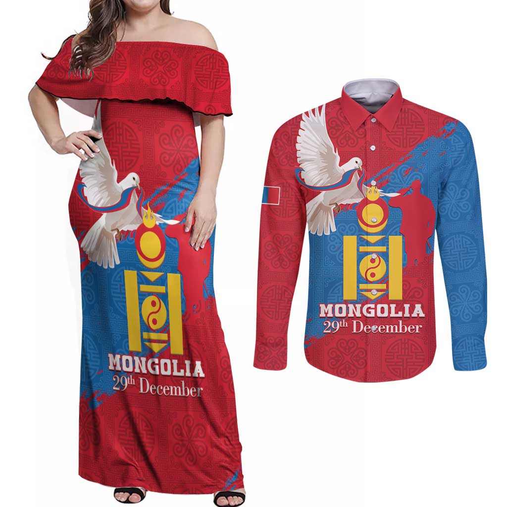 Personalised Mongolia Independence Day Couples Matching Off Shoulder Maxi Dress and Long Sleeve Button Shirt Coat Of Arms - Mongolia Folk Pattern - Wonder Print Shop