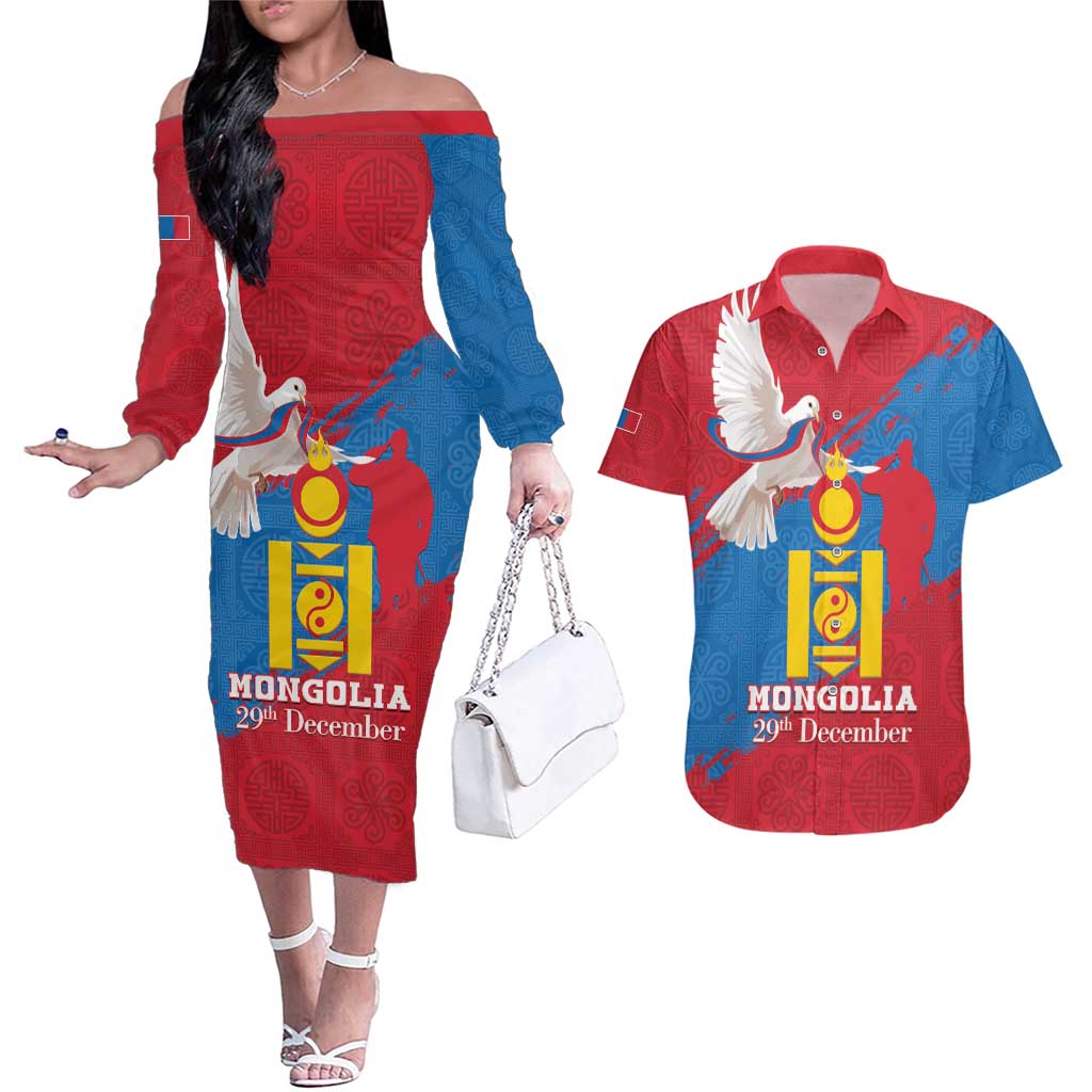 Personalised Mongolia Independence Day Couples Matching Off The Shoulder Long Sleeve Dress and Hawaiian Shirt Coat Of Arms - Mongolia Folk Pattern - Wonder Print Shop