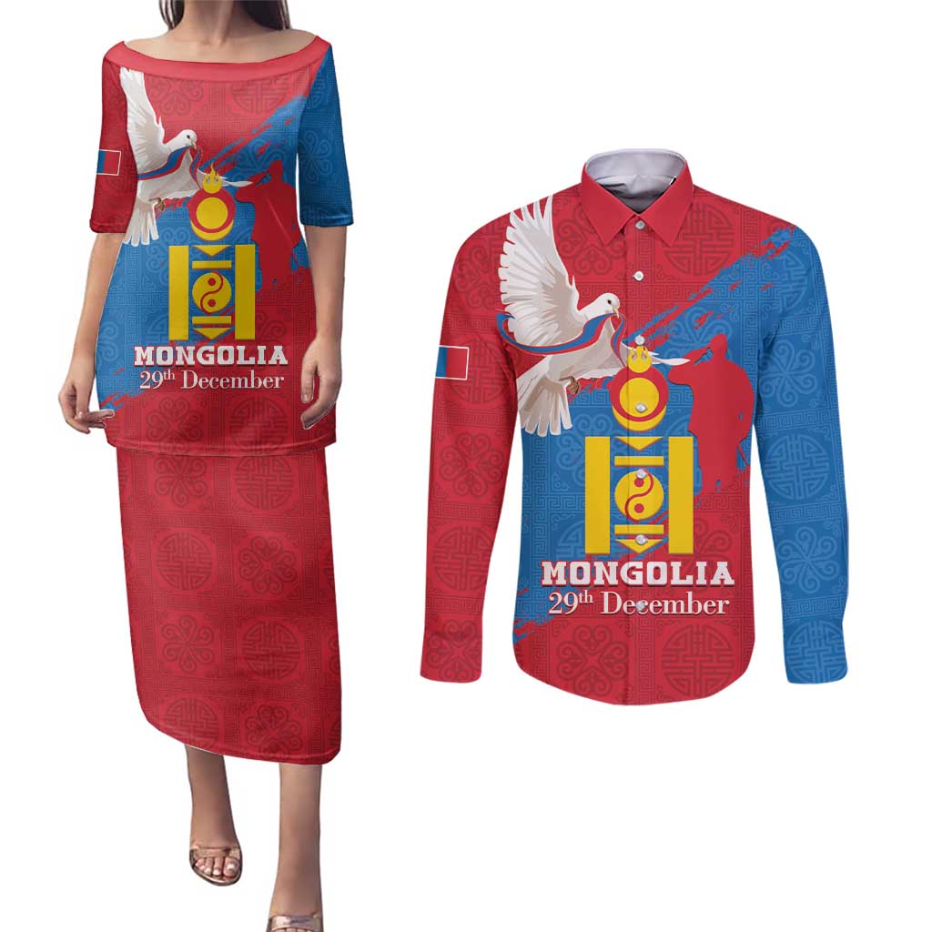 Personalised Mongolia Independence Day Couples Matching Puletasi and Long Sleeve Button Shirt Coat Of Arms - Mongolia Folk Pattern - Wonder Print Shop