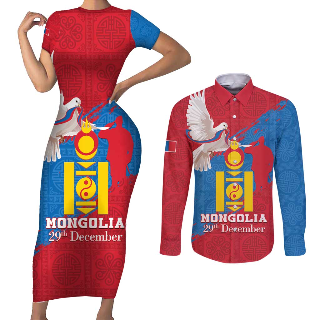 Personalised Mongolia Independence Day Couples Matching Short Sleeve Bodycon Dress and Long Sleeve Button Shirt Coat Of Arms - Mongolia Folk Pattern - Wonder Print Shop