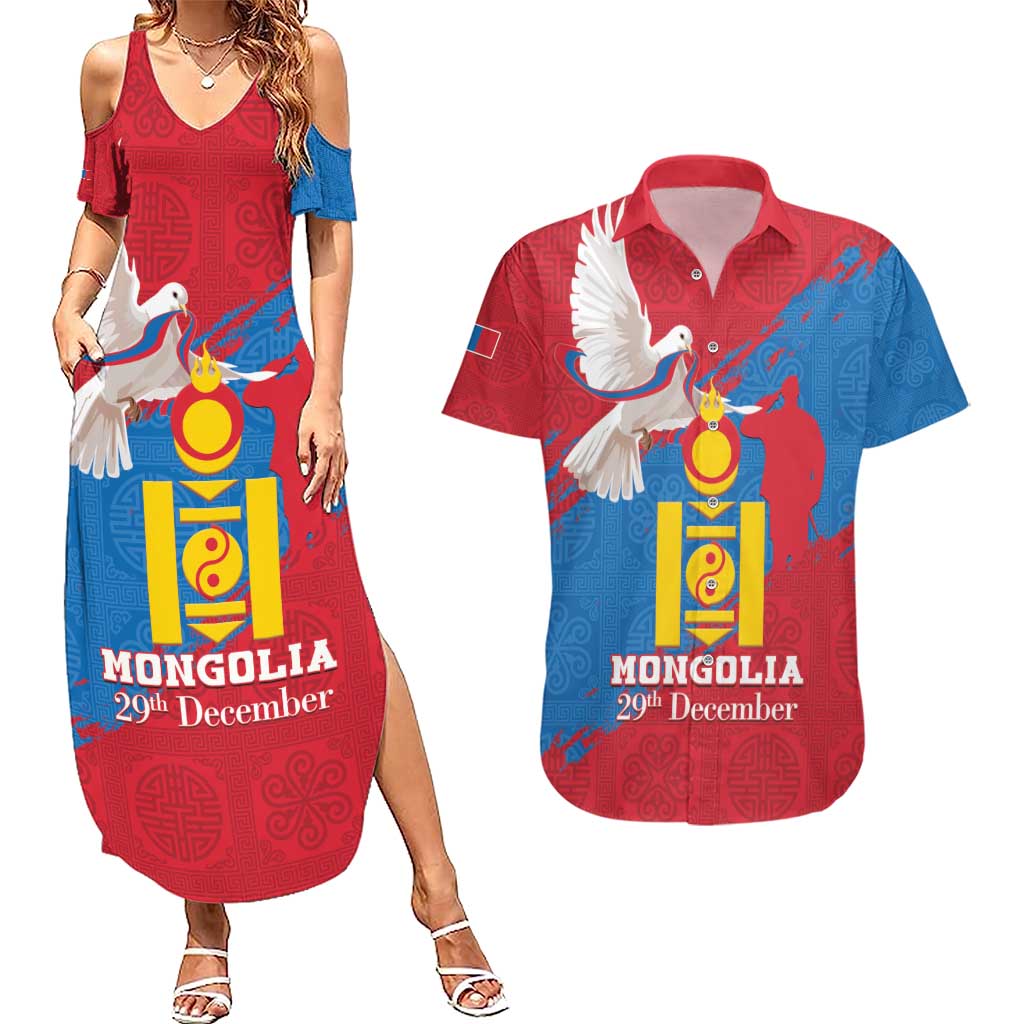 Personalised Mongolia Independence Day Couples Matching Summer Maxi Dress and Hawaiian Shirt Coat Of Arms - Mongolia Folk Pattern - Wonder Print Shop