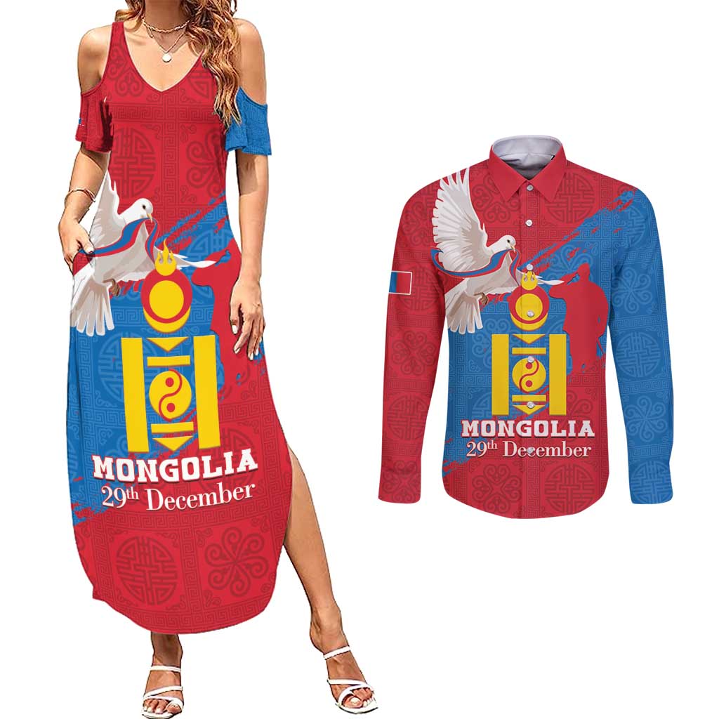 Personalised Mongolia Independence Day Couples Matching Summer Maxi Dress and Long Sleeve Button Shirt Coat Of Arms - Mongolia Folk Pattern - Wonder Print Shop