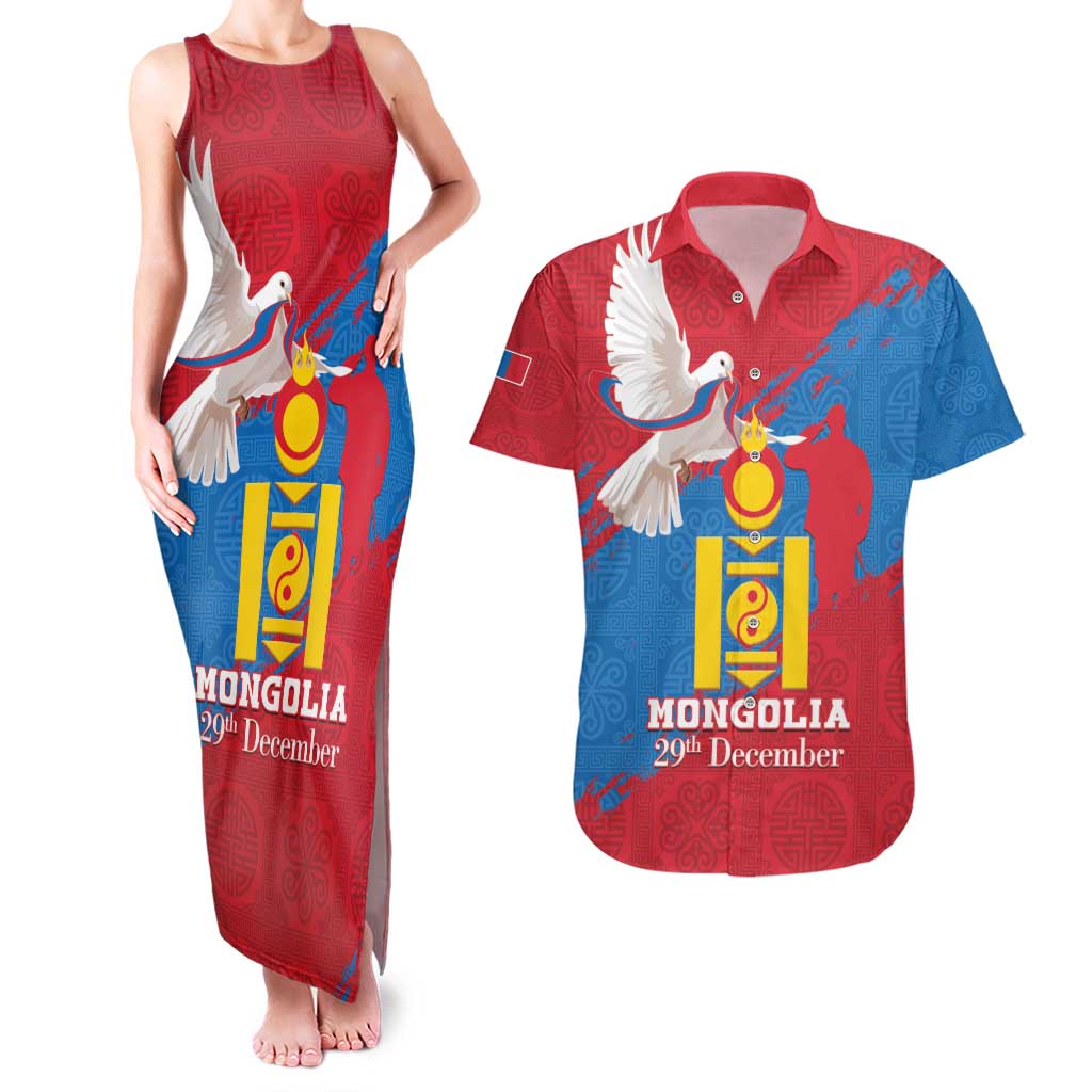 Personalised Mongolia Independence Day Couples Matching Tank Maxi Dress and Hawaiian Shirt Coat Of Arms - Mongolia Folk Pattern - Wonder Print Shop