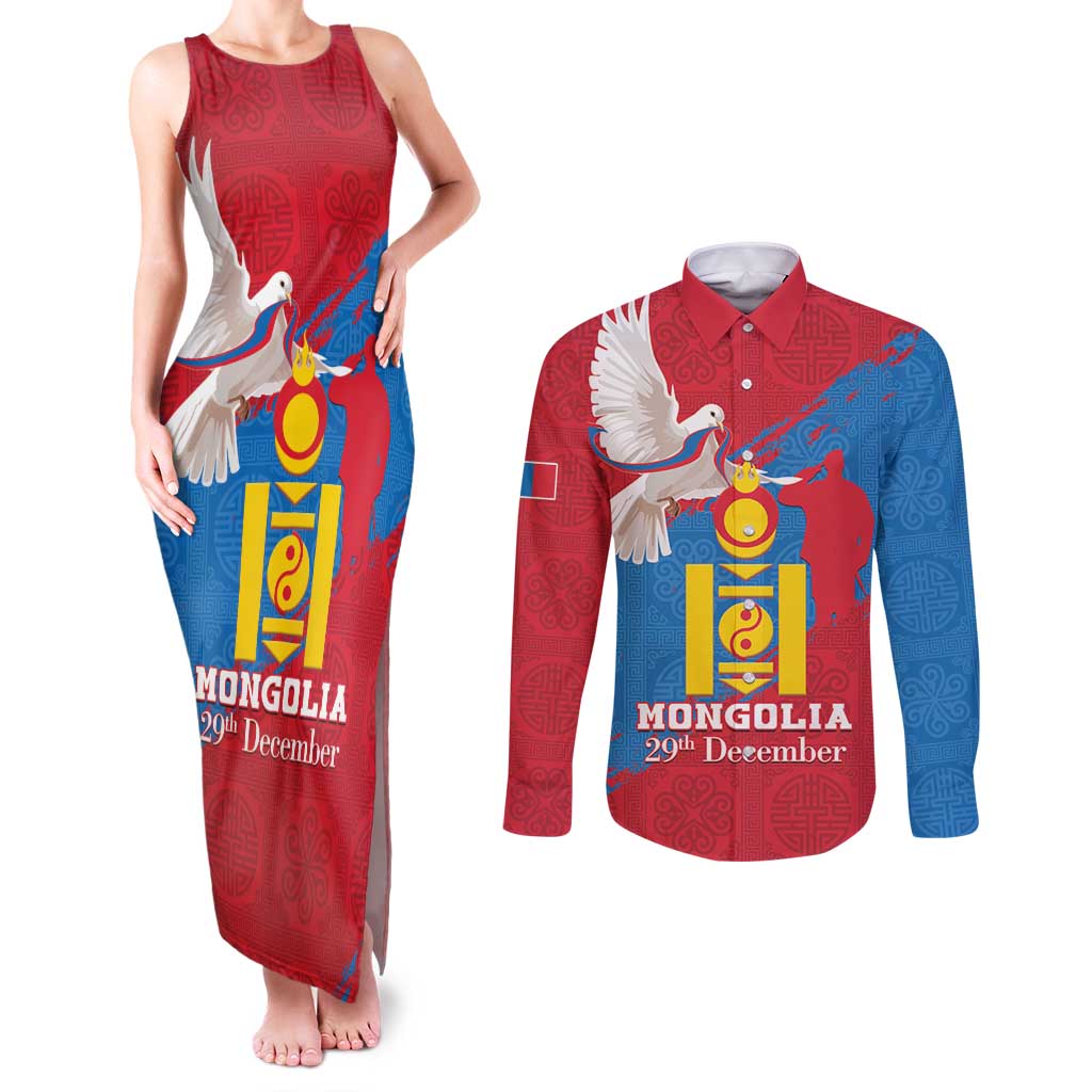 Personalised Mongolia Independence Day Couples Matching Tank Maxi Dress and Long Sleeve Button Shirt Coat Of Arms - Mongolia Folk Pattern - Wonder Print Shop