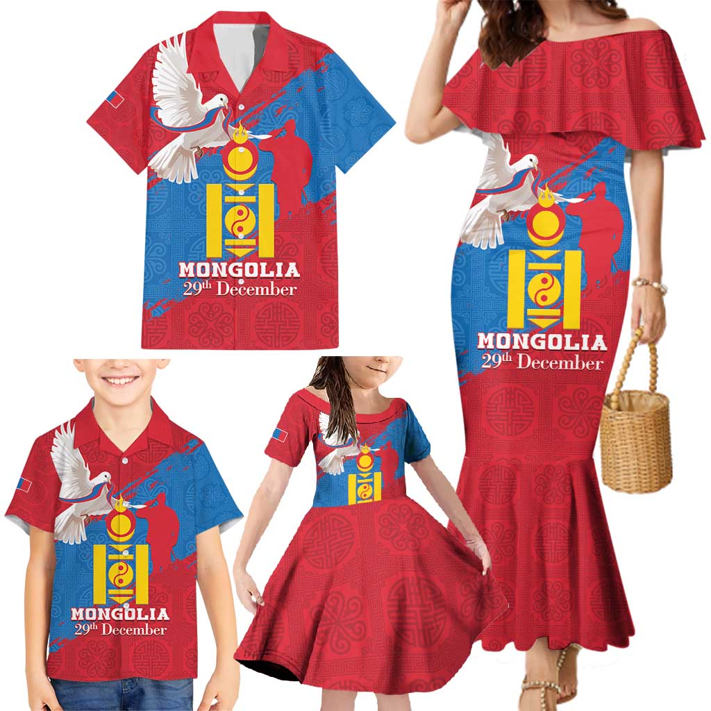 Personalised Mongolia Independence Day Family Matching Mermaid Dress and Hawaiian Shirt Coat Of Arms - Mongolia Folk Pattern - Wonder Print Shop