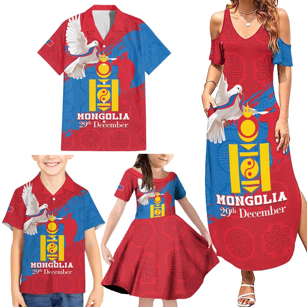 Personalised Mongolia Independence Day Family Matching Summer Maxi Dress and Hawaiian Shirt Coat Of Arms - Mongolia Folk Pattern - Wonder Print Shop