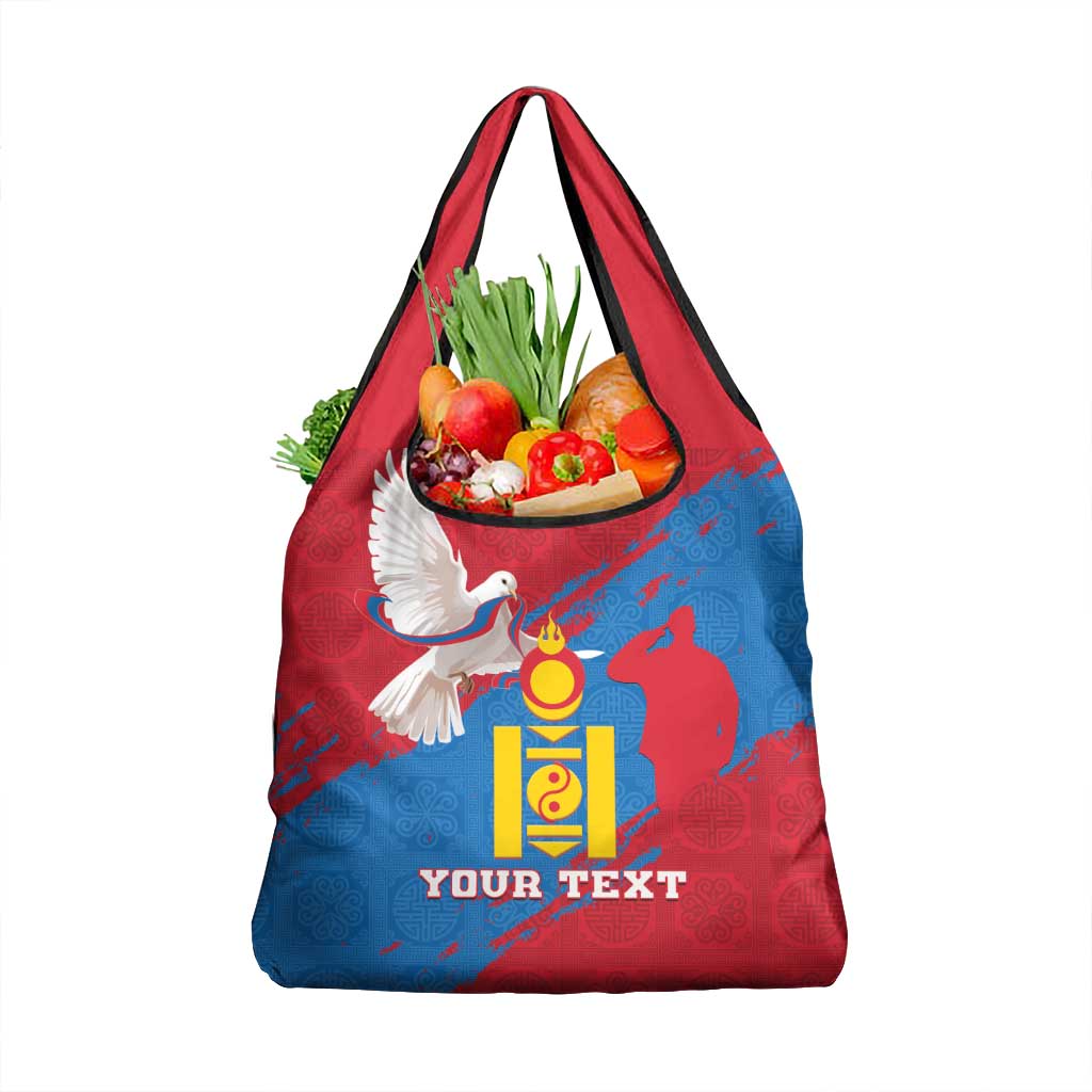 Personalised Mongolia Independence Day Grocery Bag Coat Of Arms - Mongolia Folk Pattern