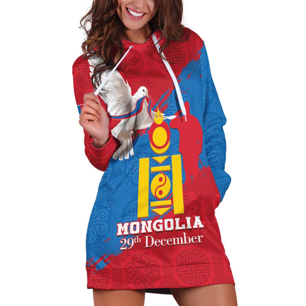 Personalised Mongolia Independence Day Hoodie Dress Coat Of Arms - Mongolia Folk Pattern - Wonder Print Shop