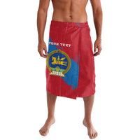 Red patterned lavalava with blue coat of arms emblem and “YOUR TEXT” print