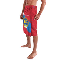 Red patterned lavalava with coat of arms emblem and “YOUR TEXT” print