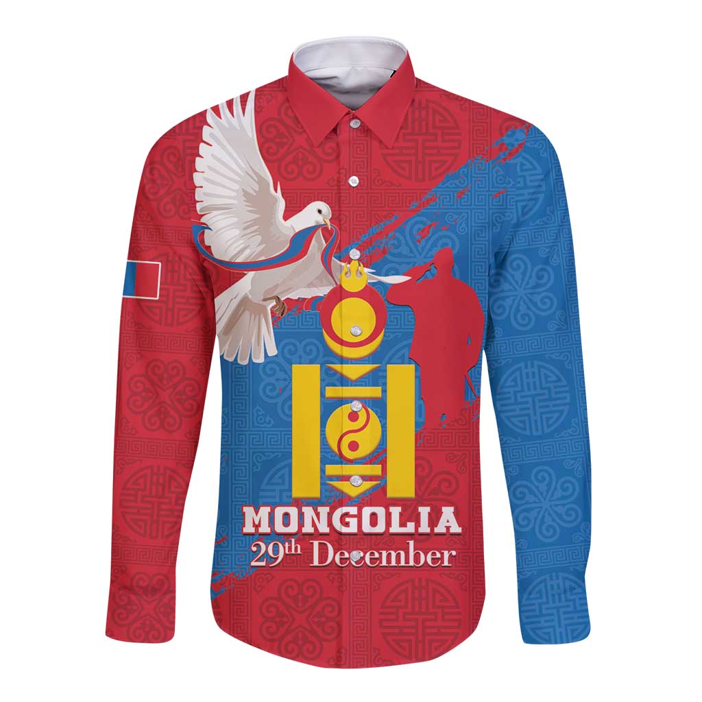 Long-sleeve button shirt with red-blue folk pattern and Mongolian emblem graphic, front view