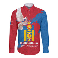 Long-sleeve button shirt with red-blue folk pattern and Mongolian emblem graphic, front view