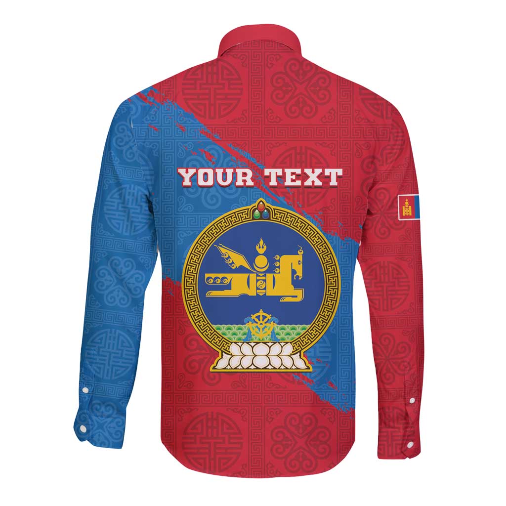 Long-sleeve button shirt with red-blue folk pattern, “YOUR TEXT” and coat-of-arms on back