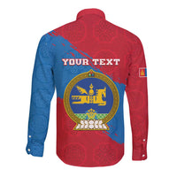 Long-sleeve button shirt with red-blue folk pattern, “YOUR TEXT” and coat-of-arms on back