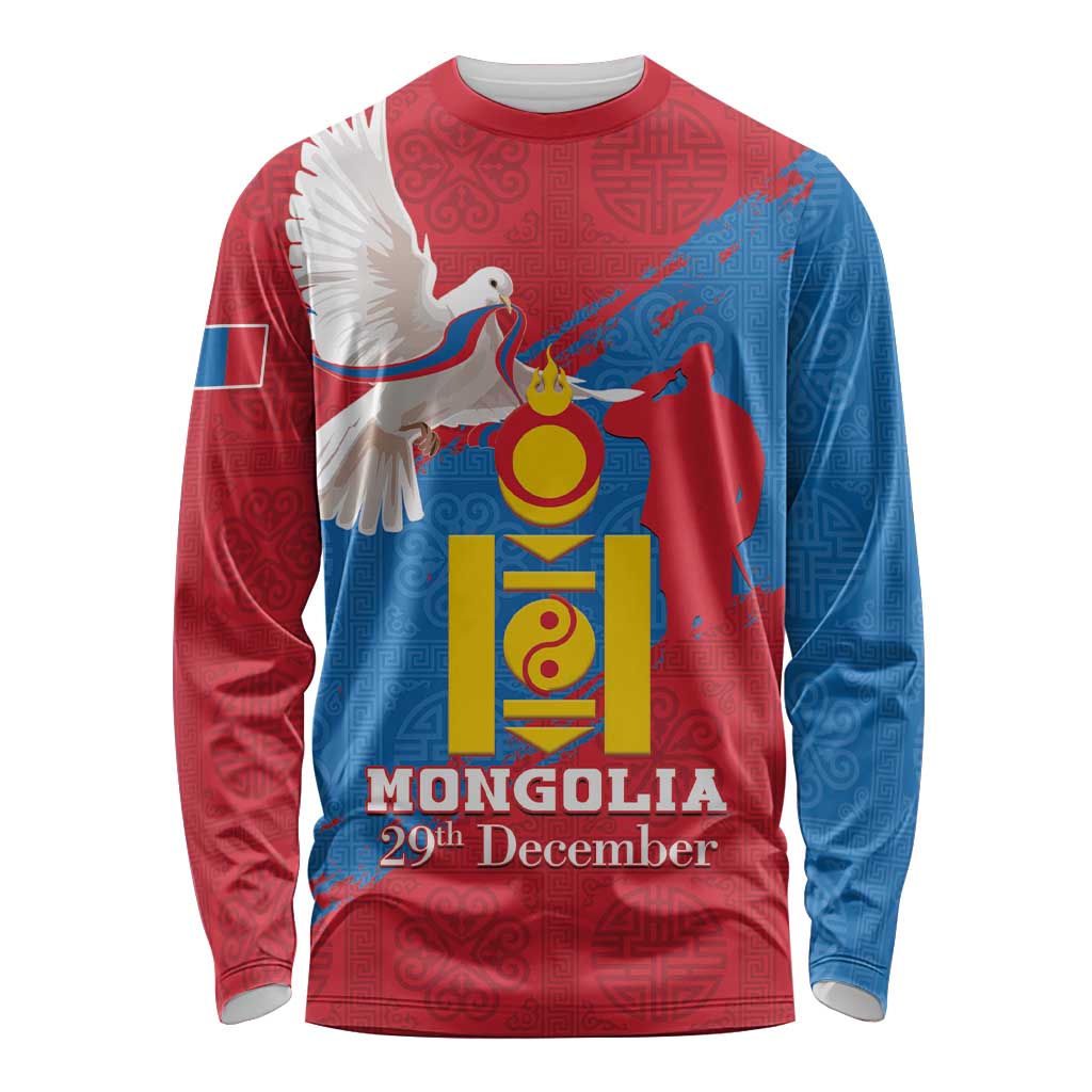 Personalised Mongolia Independence Day Long Sleeve Shirt Coat Of Arms - Mongolia Folk Pattern - Wonder Print Shop