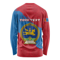 Unisex long-sleeve shirt in red and blue, your text and Mongolian emblem on back