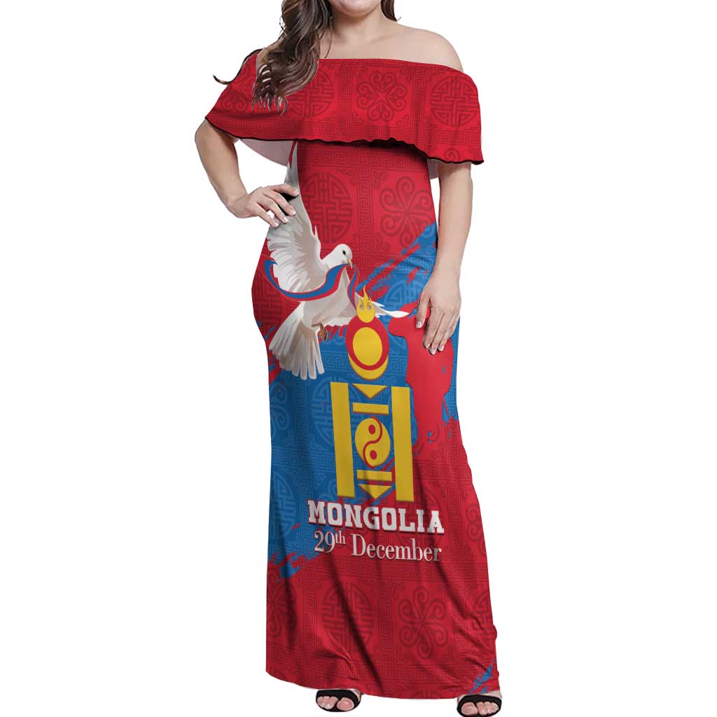 Personalised Mongolia Independence Day Off Shoulder Maxi Dress Coat Of Arms - Mongolia Folk Pattern - Wonder Print Shop