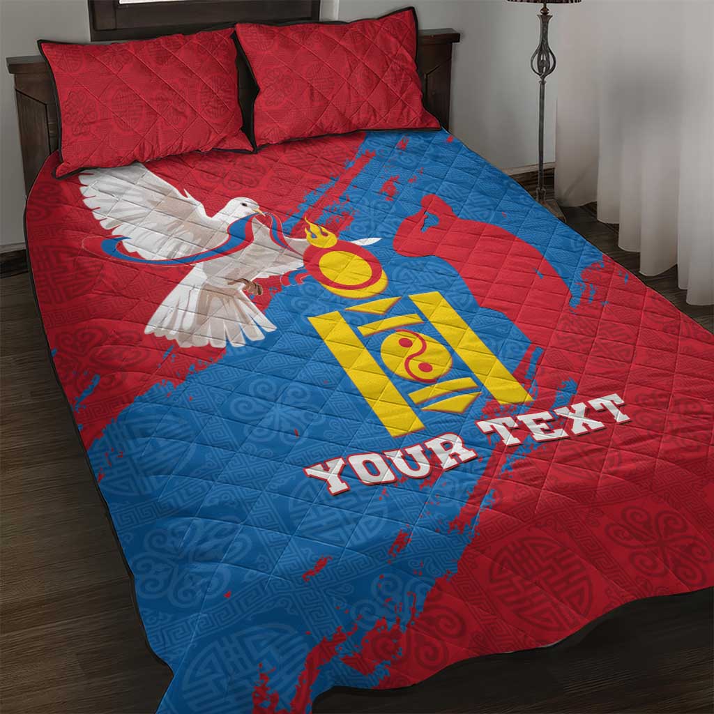 Personalised Mongolia Independence Day Quilt Bed Set Coat Of Arms - Mongolia Folk Pattern - Wonder Print Shop