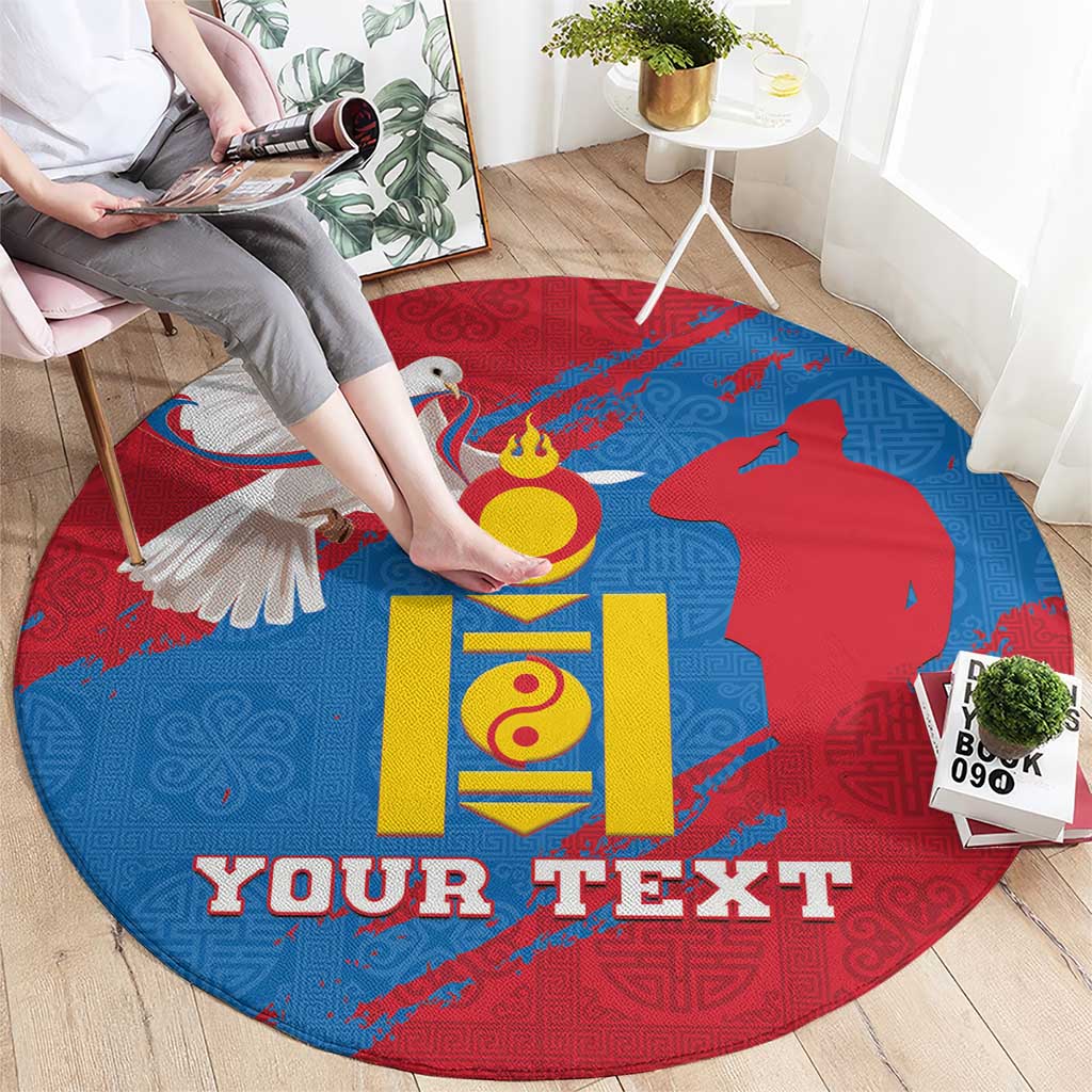Round blue and red carpet being placed on the floor with coat of arms and “YOUR TEXT”.