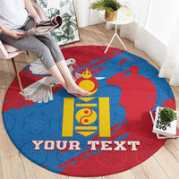 Round blue and red carpet being placed on the floor with coat of arms and “YOUR TEXT”.