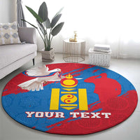 Round blue and red Mongolian-style carpet on the floor with coat of arms and “YOUR TEXT”.