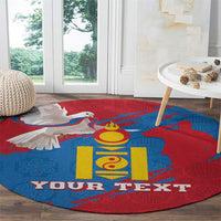 Round blue and red carpet with coat of arms design and “YOUR TEXT” text.