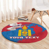 Round blue and red carpet on wooden floor featuring coat of arms and “YOUR TEXT”.
