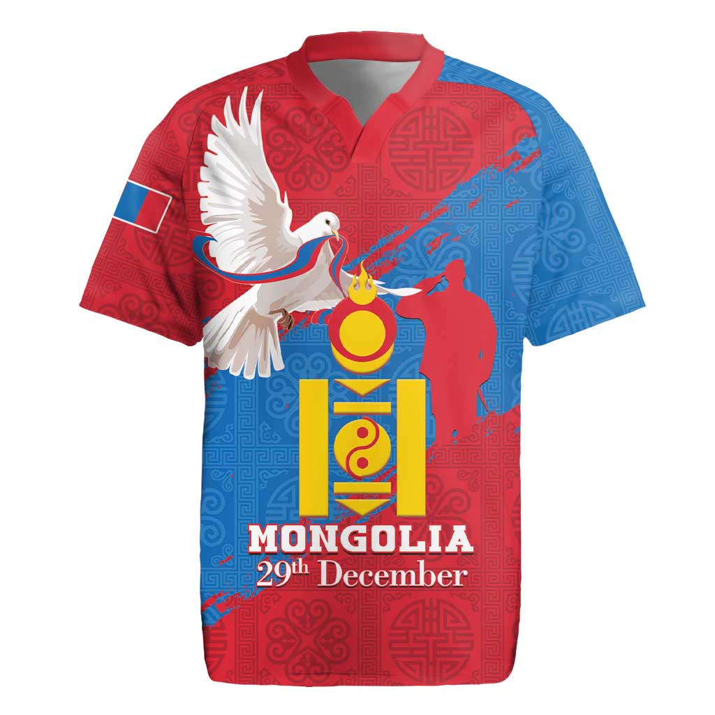 Personalised Mongolia Independence Day Rugby Jersey Coat Of Arms - Mongolia Folk Pattern - Wonder Print Shop