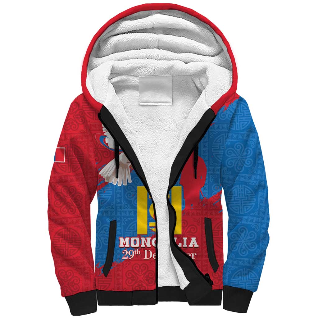 Personalised Mongolia Independence Day Sherpa Hoodie Coat Of Arms - Mongolia Folk Pattern - Wonder Print Shop