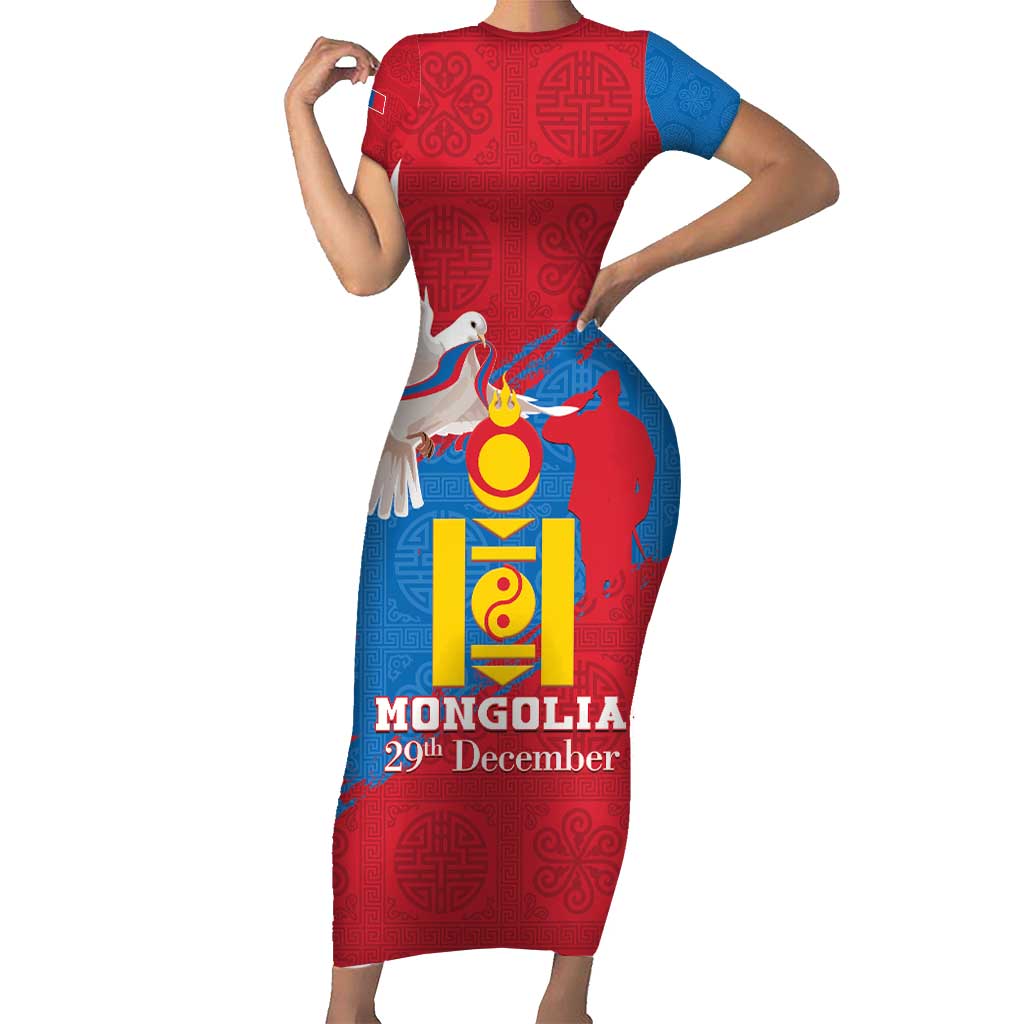 Personalised Mongolia Independence Day Short Sleeve Bodycon Dress Coat Of Arms - Mongolia Folk Pattern - Wonder Print Shop