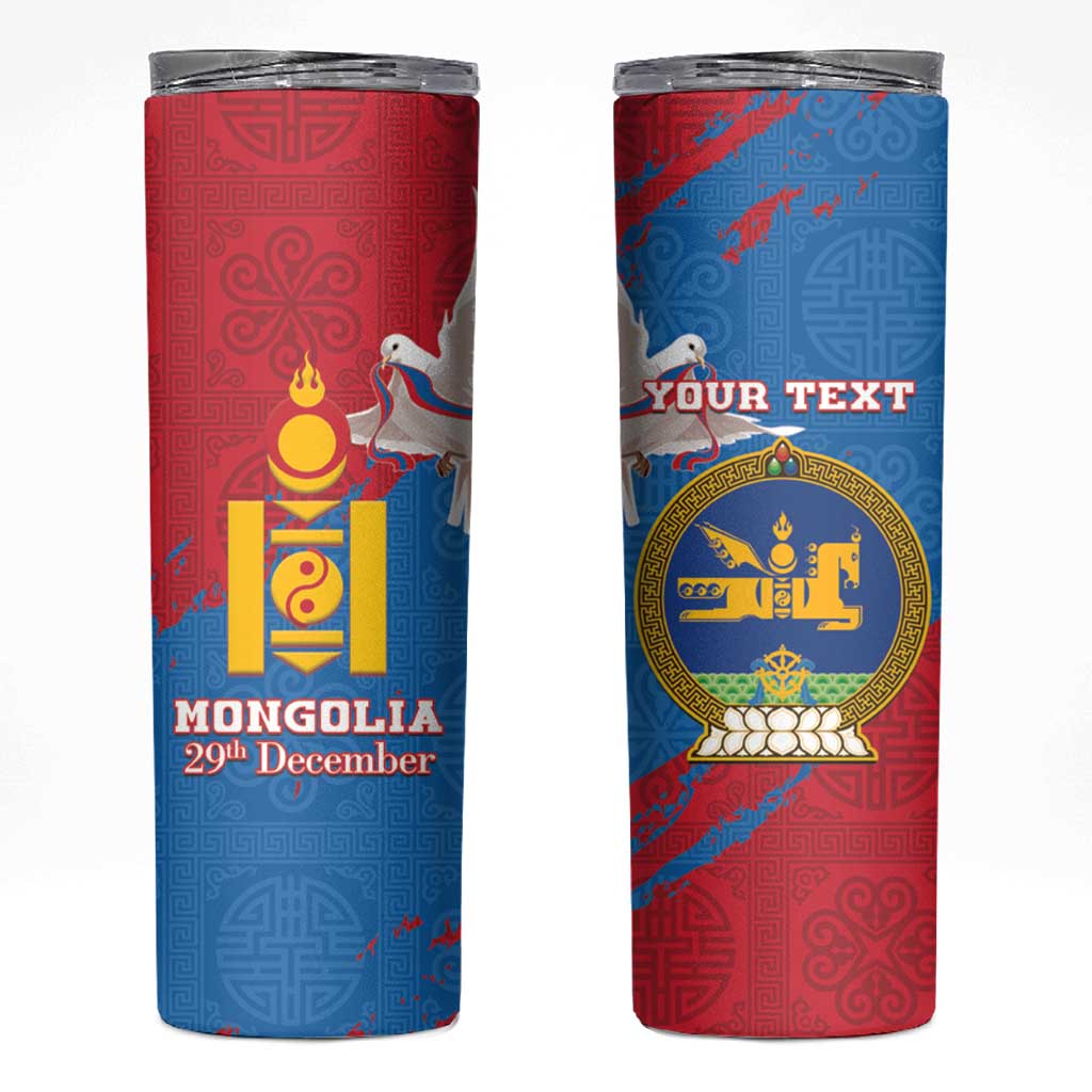 Personalised Mongolia Independence Day Skinny Tumbler Coat Of Arms - Mongolia Folk Pattern - Wonder Print Shop