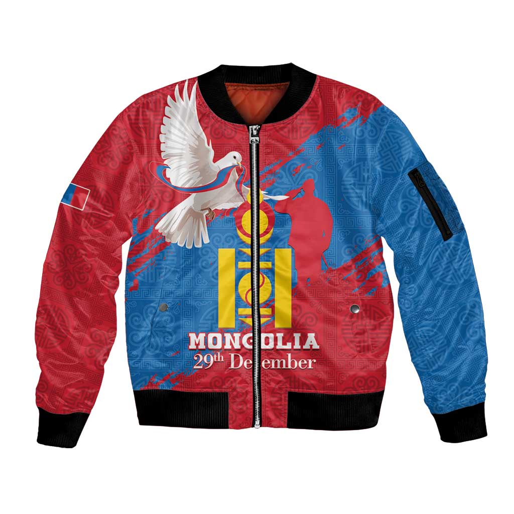 Personalised Mongolia Independence Day Sleeve Zip Bomber Jacket Coat Of Arms - Mongolia Folk Pattern - Wonder Print Shop