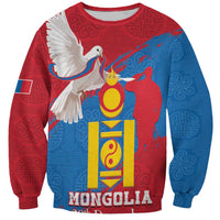Unisex crewneck sweatshirt, red/blue Mongolian graphic with eagle and Mongolia text
