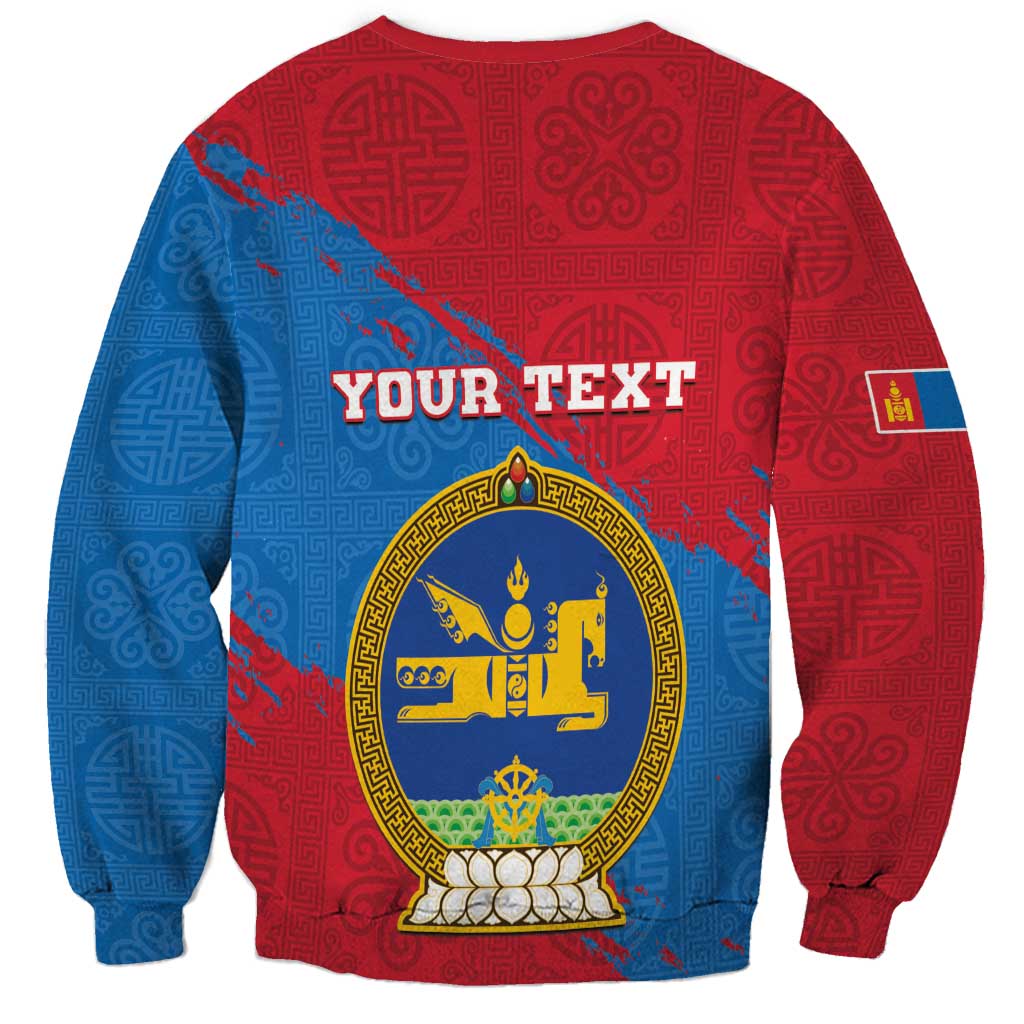 Unisex crewneck sweatshirt back, red/blue with 'YOUR TEXT' and Mongolian emblem