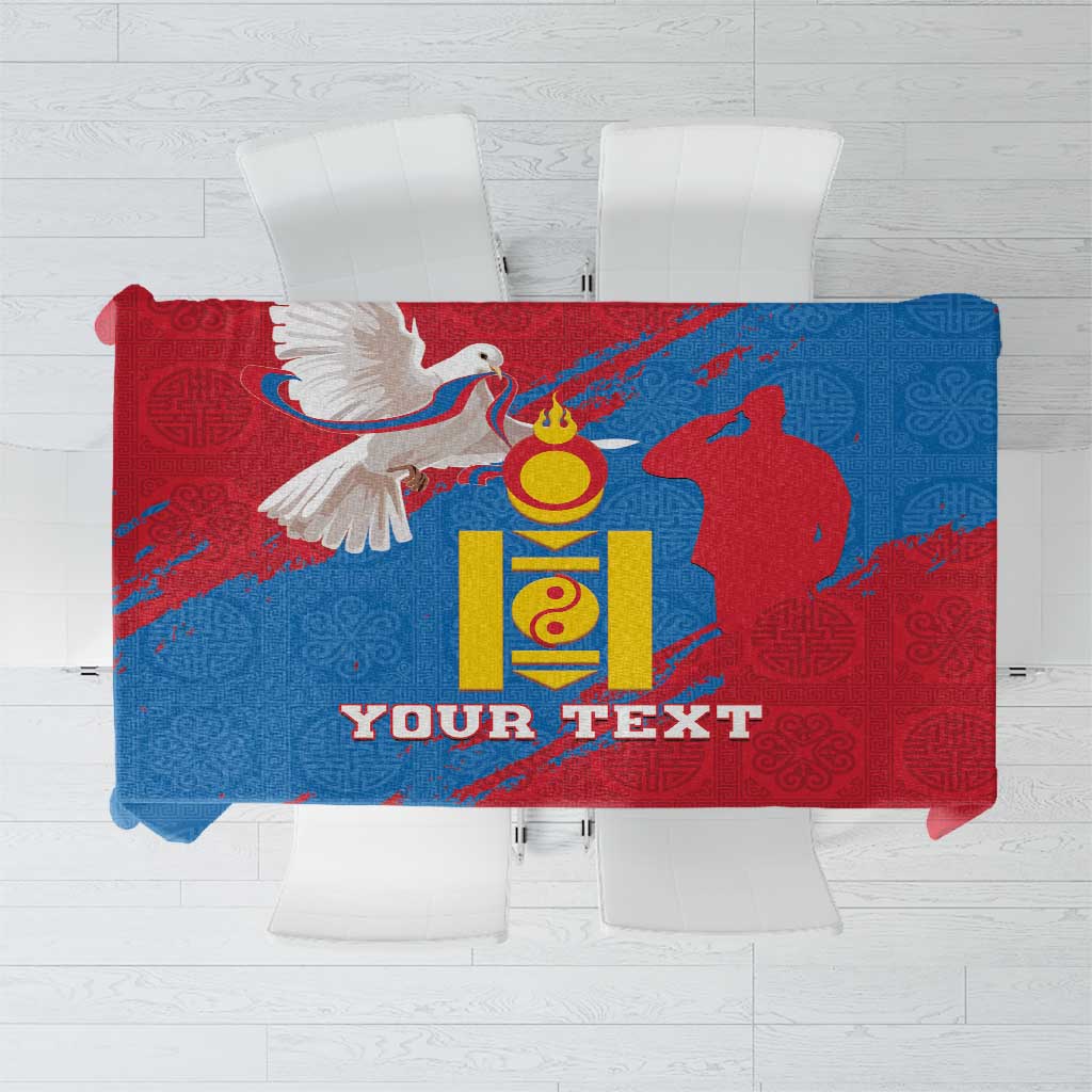 Rectangular blue and red tablecloth design with coat-of-arms artwork and text placeholder