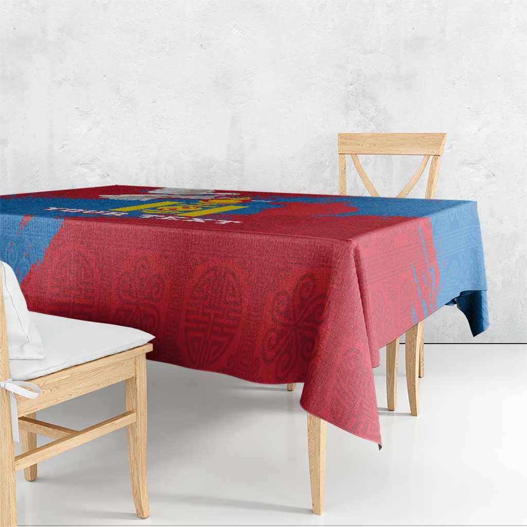 Close-up blue and red tablecloth with emblem and folk geometric pattern