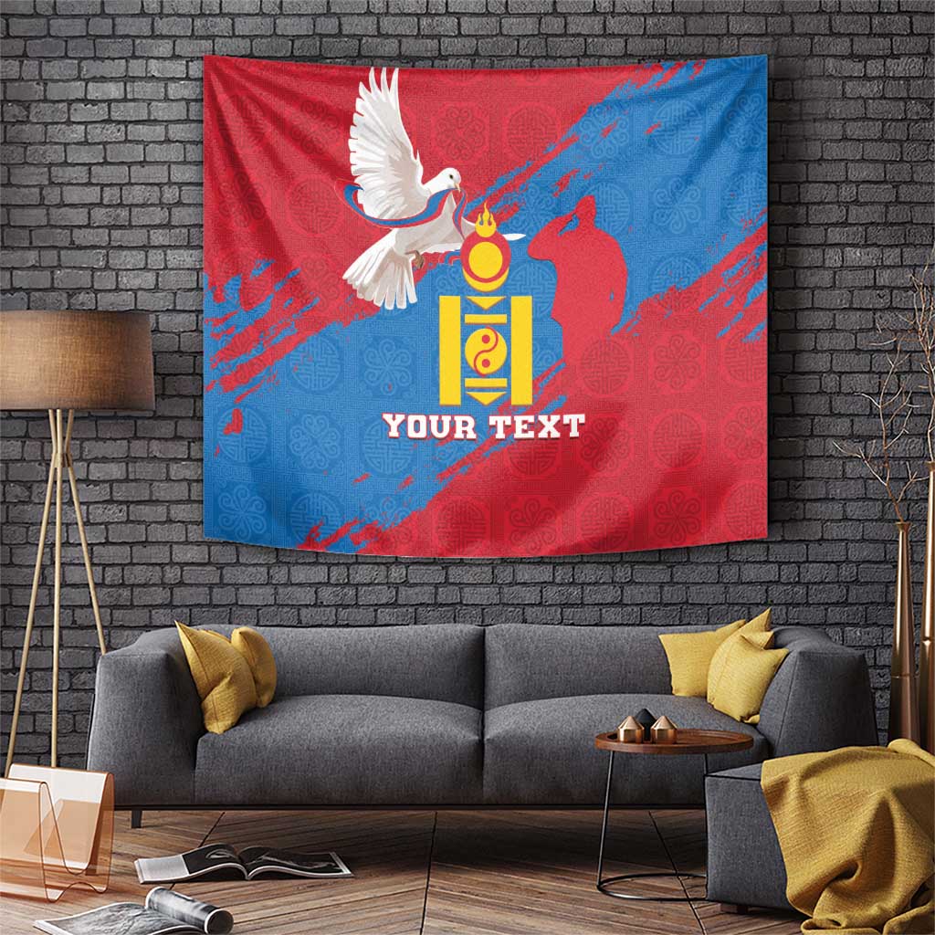 Personalised Mongolia Independence Day Tapestry Coat Of Arms - Mongolia Folk Pattern