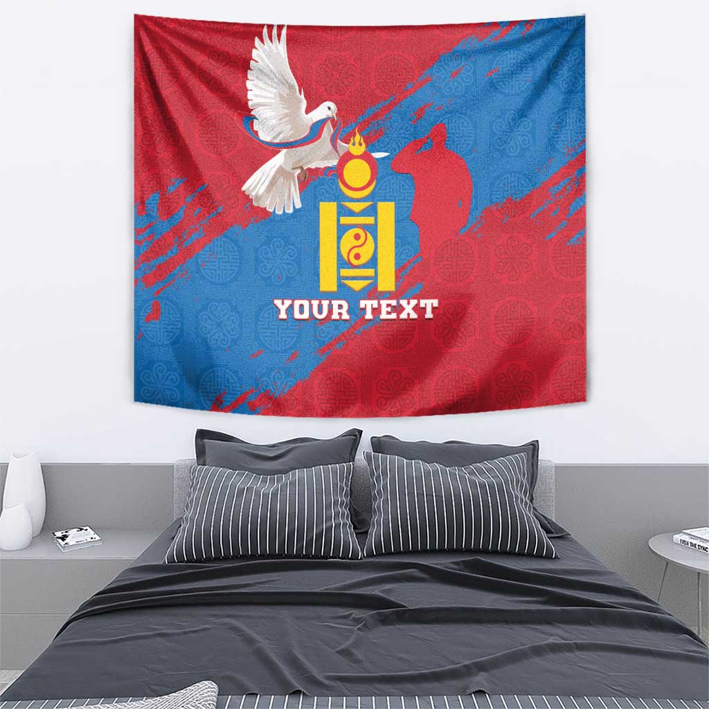 Personalized Mongolia Independence Day tapestry, red and blue, dove over emblem with custom text