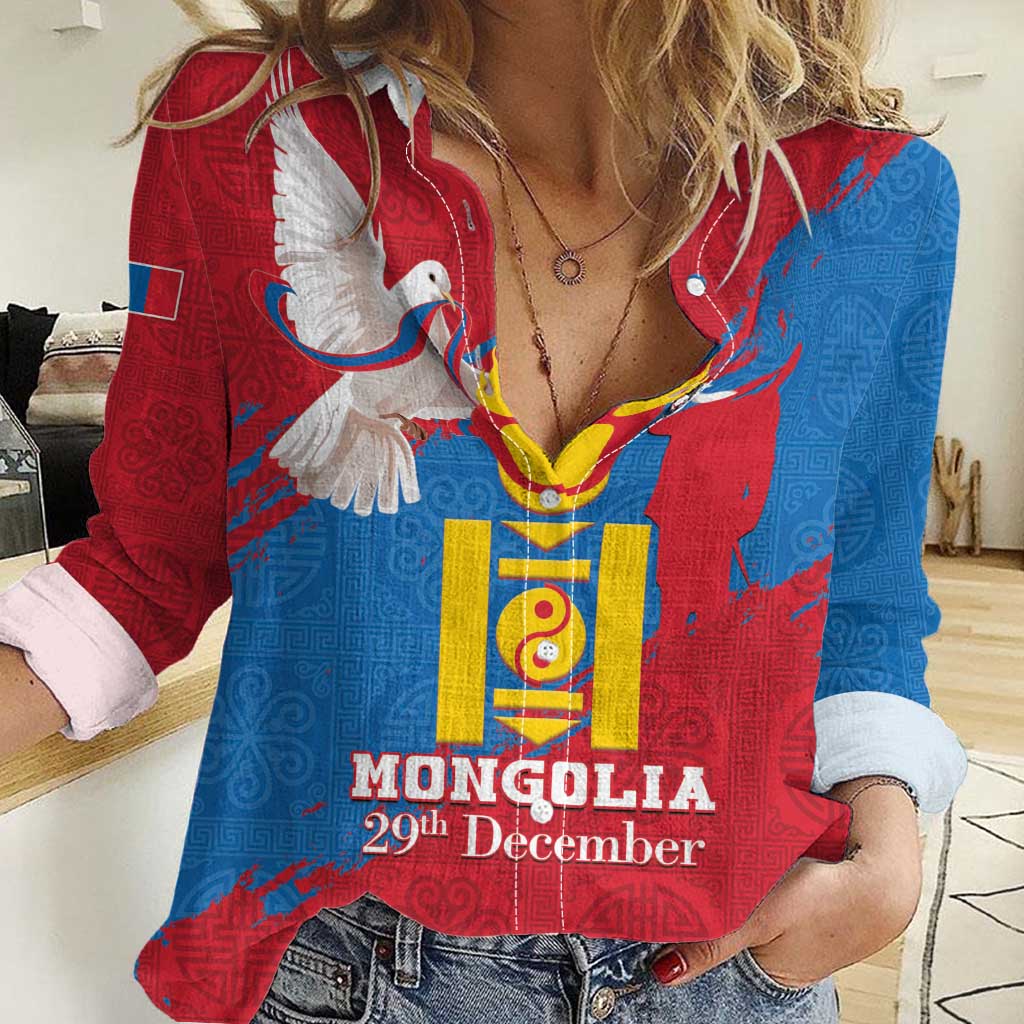 Personalised Mongolia Independence Day Women Casual Shirt Coat Of Arms - Mongolia Folk Pattern