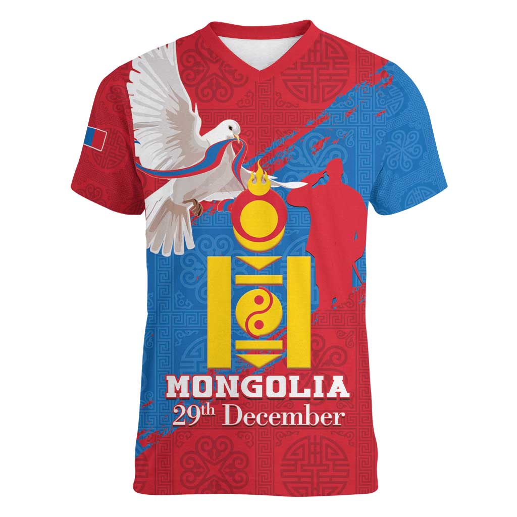 Personalised Mongolia Independence Day Women V-Neck T-Shirt Coat Of Arms - Mongolia Folk Pattern - Wonder Print Shop