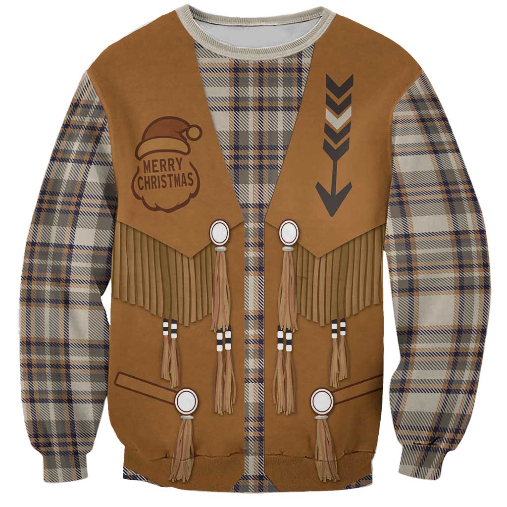 Santa Western Cowboy Christmas Sweatshirt Plaid Brown Beige Vest Style - Wonder Print Shop