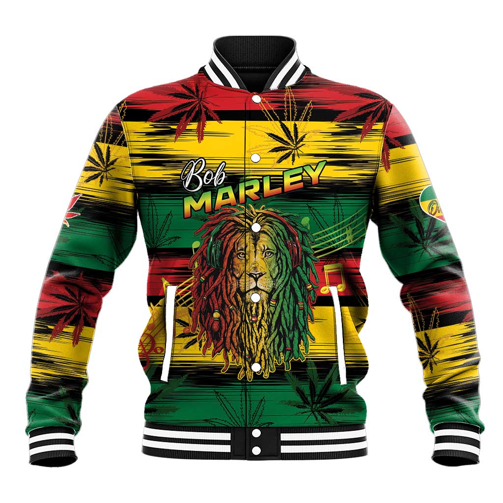 Baseball jacket in yellow, green and red with cannabis leaf pattern, lion graphic, Bob Marley