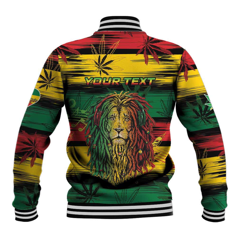 Baseball jacket in yellow, green and red with cannabis leaf pattern, lion back graphic, YOUR TEXT