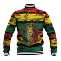 Baseball jacket in yellow, green and red with cannabis leaf pattern, lion back graphic, YOUR TEXT