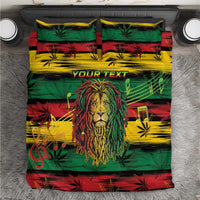 Colorful lion bedding set with green, yellow, and red cannabis leaf pattern and custom text