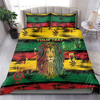 Lion bedding set featuring cannabis leaf stripes in green, red, and yellow with “YOUR TEXT”