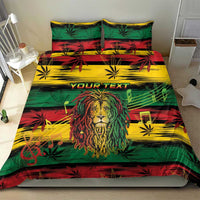 Lion bedding set with bold green, red, and yellow cannabis leaf pattern and “YOUR TEXT”