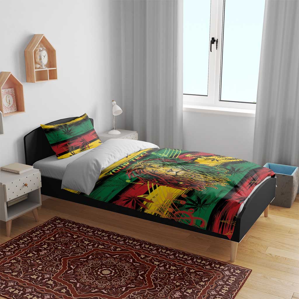 Lion duvet and pillow set with green, yellow, and red cannabis leaf stripes